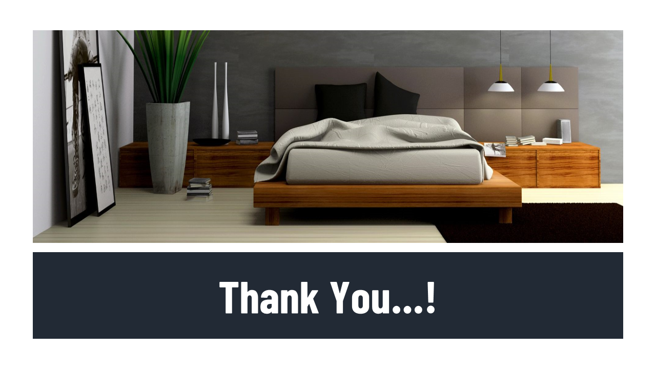 Thank you slide featuring a modern bedroom interior design with a wooden bed and stylish decor.