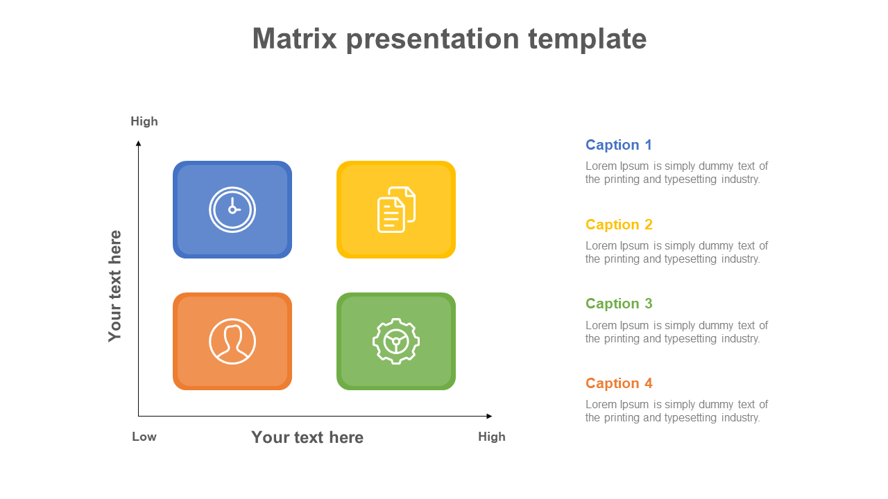 Matrix slide with four colored quadrants, each with an icon representing different categories and captions on the right.