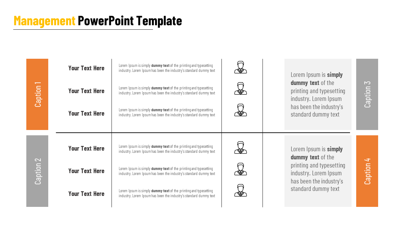 Management PowerPoint template with four sections, each featuring captions and placeholder text alongside person icons.