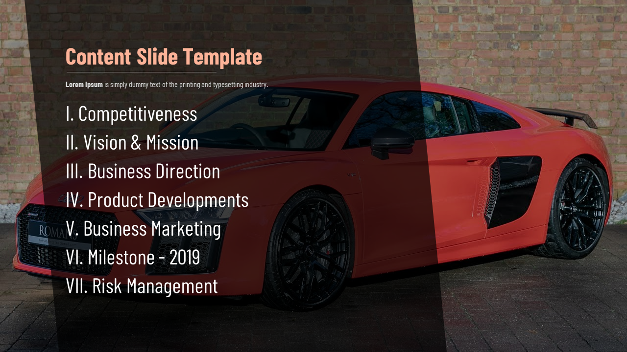 Content PPT slide with a list of business topics alongside an image of a red sports car.