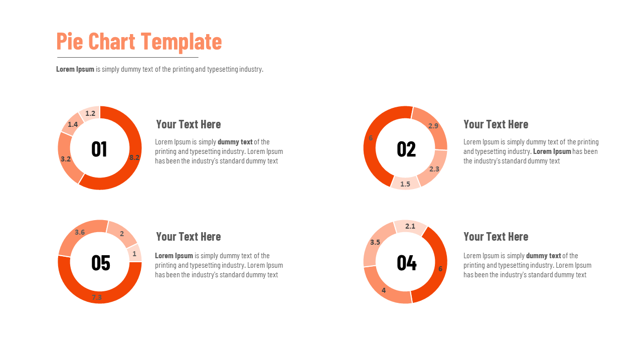 Four orange pie charts with center numbers from 01 to 04, each with text placeholders on the right.