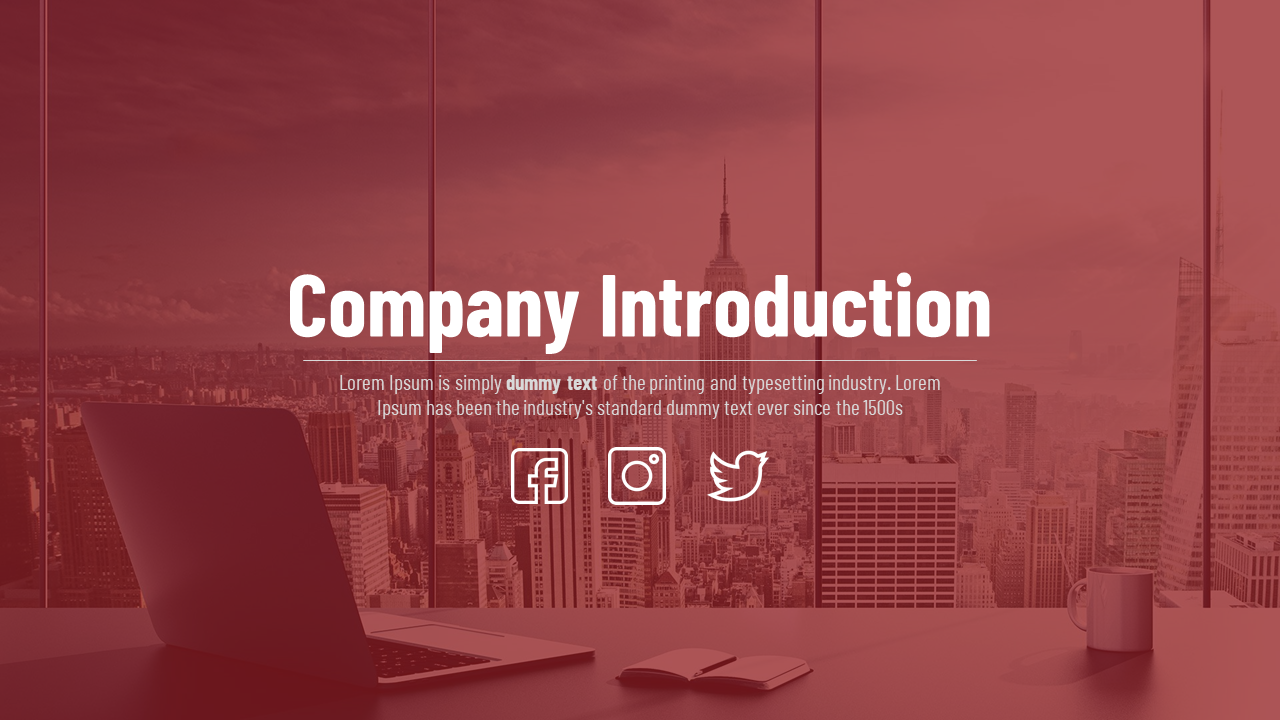 Slide featuring a company introduction with a city skyline background, text, and social media icons.