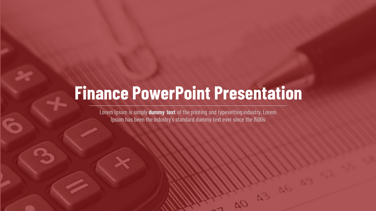 Finance presentation slide with a blurred red-toned background featuring a calculator and a pen on a chart.