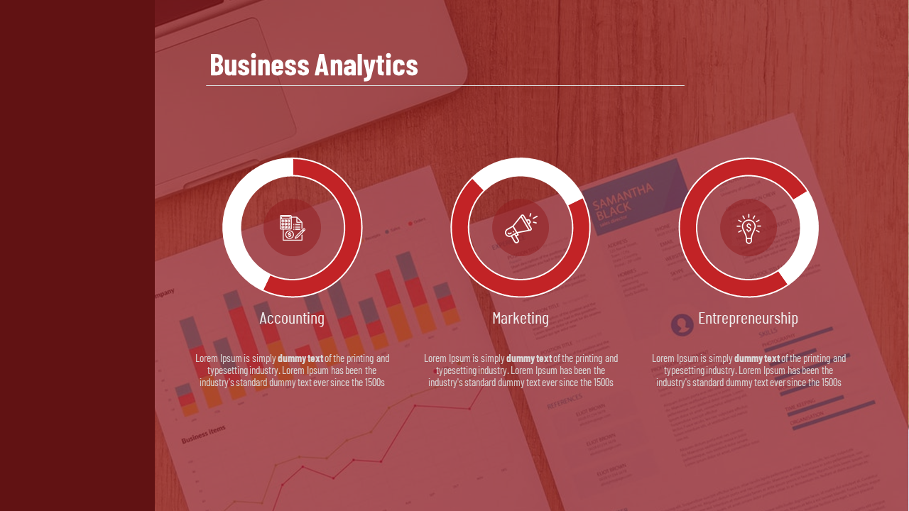 Business analytics template with three icons and text sections, over a background image of documents and charts.