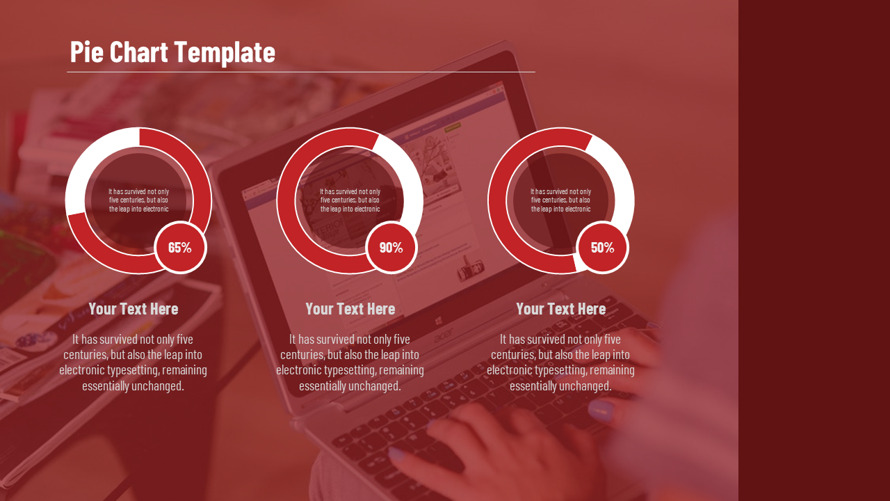 A pie chart template with three circular charts representing each with text and icons beside them.