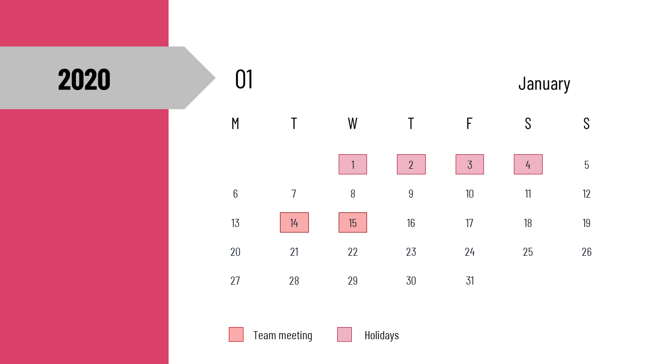 Calendar PPT slide for January 2020 with team meetings and holidays marked.