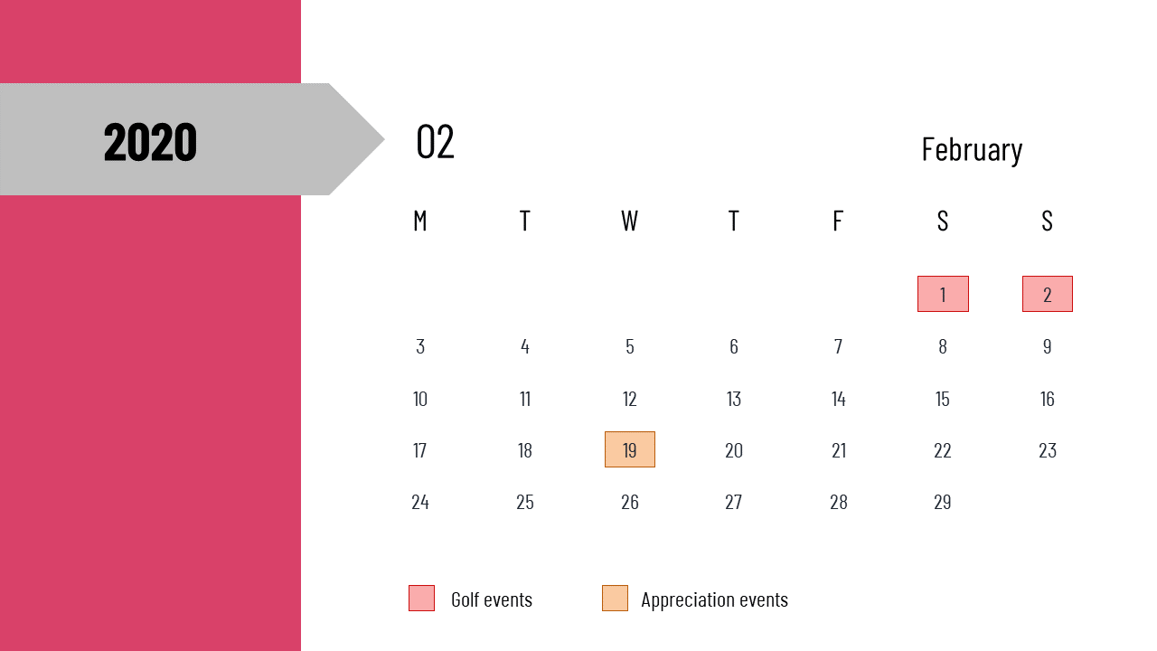 February 2020 calendar with golf events in pink , and an appreciation event in orange  with a color legend.