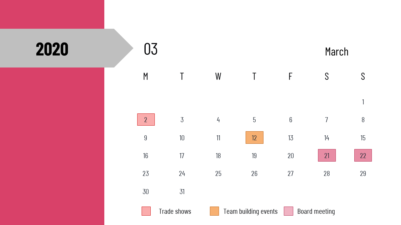 Calendar slide for March 2020, highlighting events with red, orange, and pink boxes on specific dates.