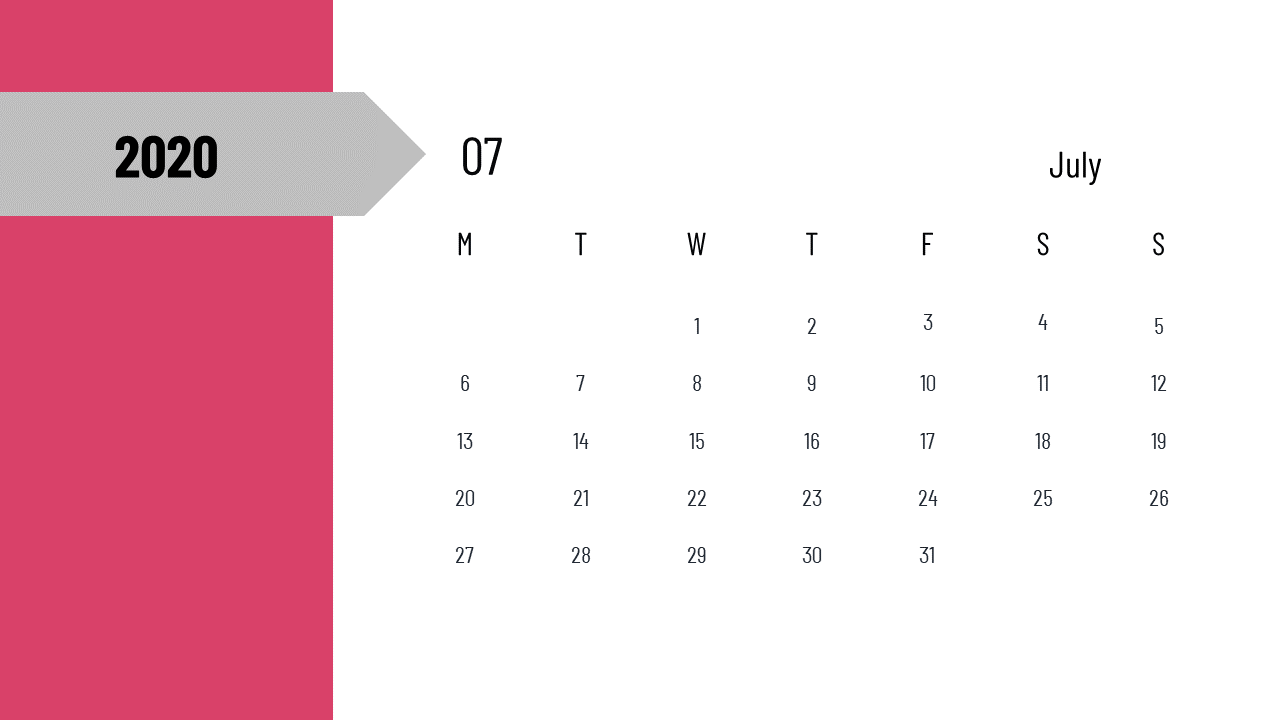 Calendar template for July 2020 with a gray arrow and a pink background highlighting the month and year.