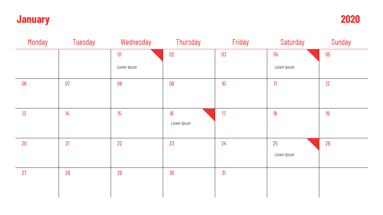 January 2020 calendar slide with red and white color accents, marked with placeholders for events on selected dates.