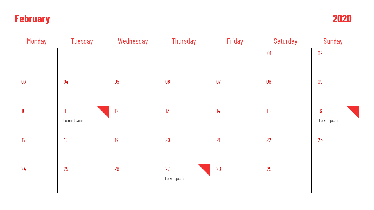 February 2020 calendar design, featuring red indicators on specific dates, ready for text addition.