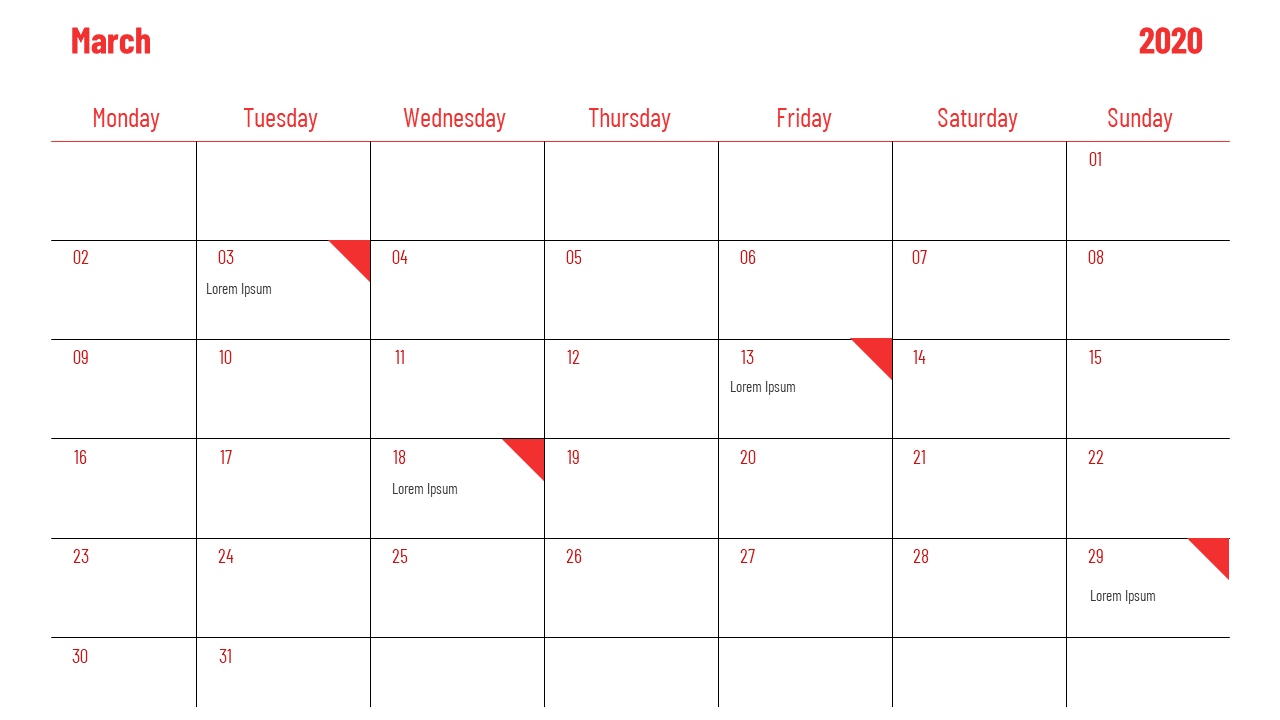 PowerPoint slide with a calendar for March 2020, featuring red dates with text placeholders.