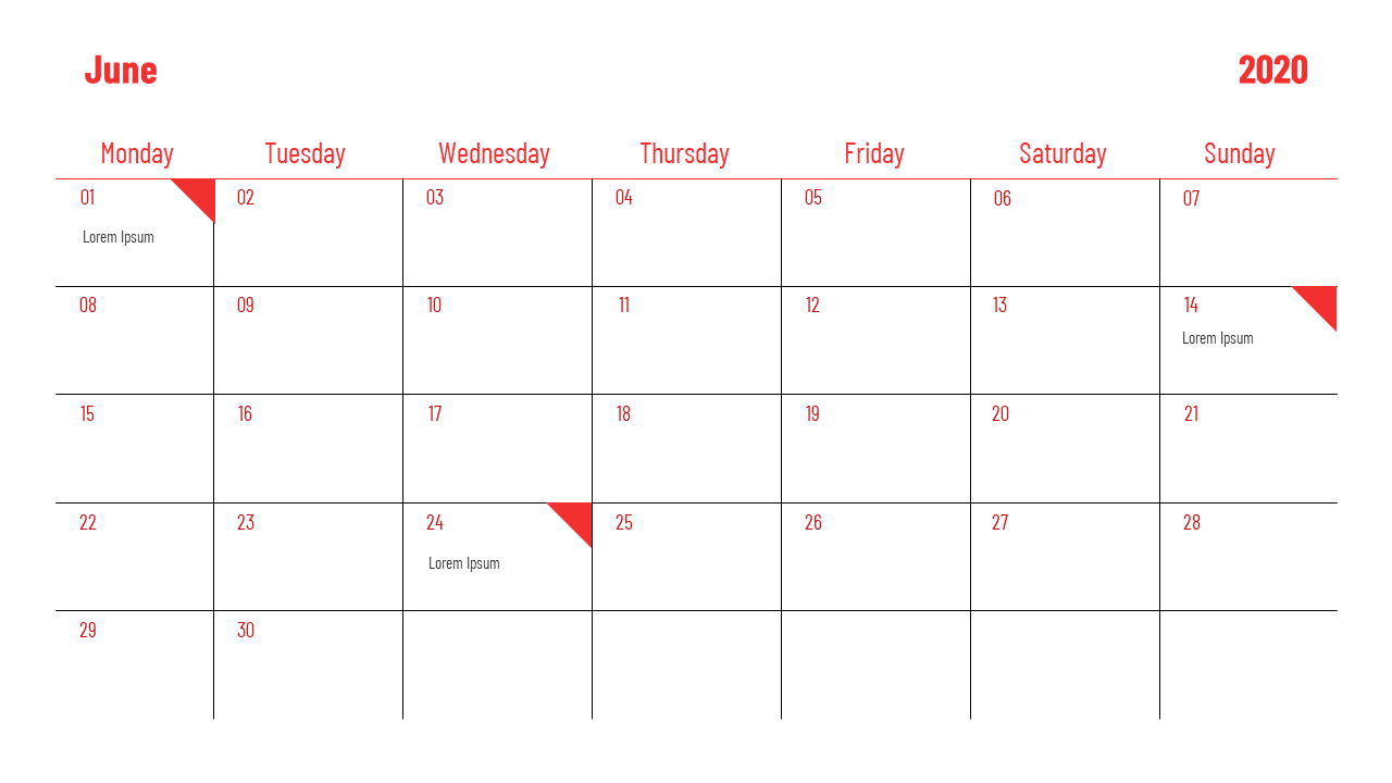 June 2020 calendar layout with red accents and placeholders for text on the three dates of the month.