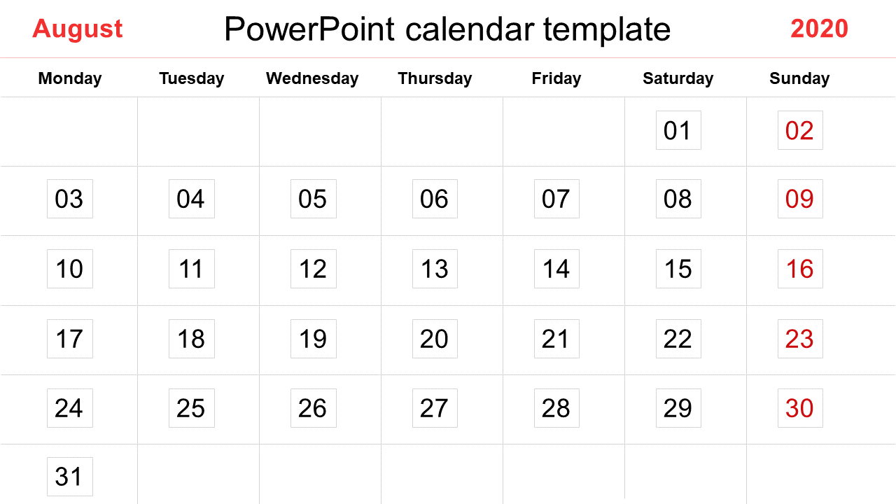 August 2020 calendar template in black and white with a grid layout and Sundays in red.