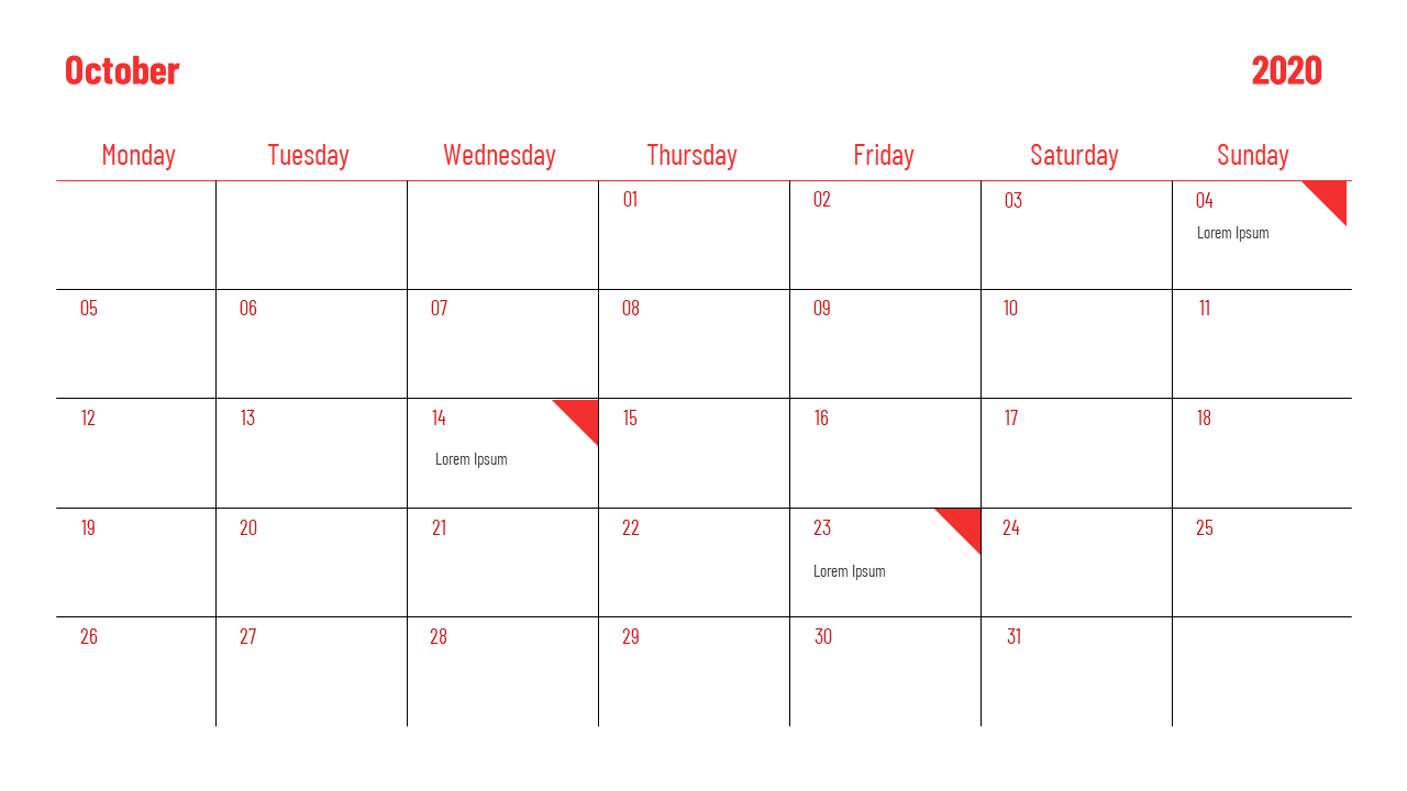 October 2020 calendar with red accents highlighting specific days, and placeholders for additional content.