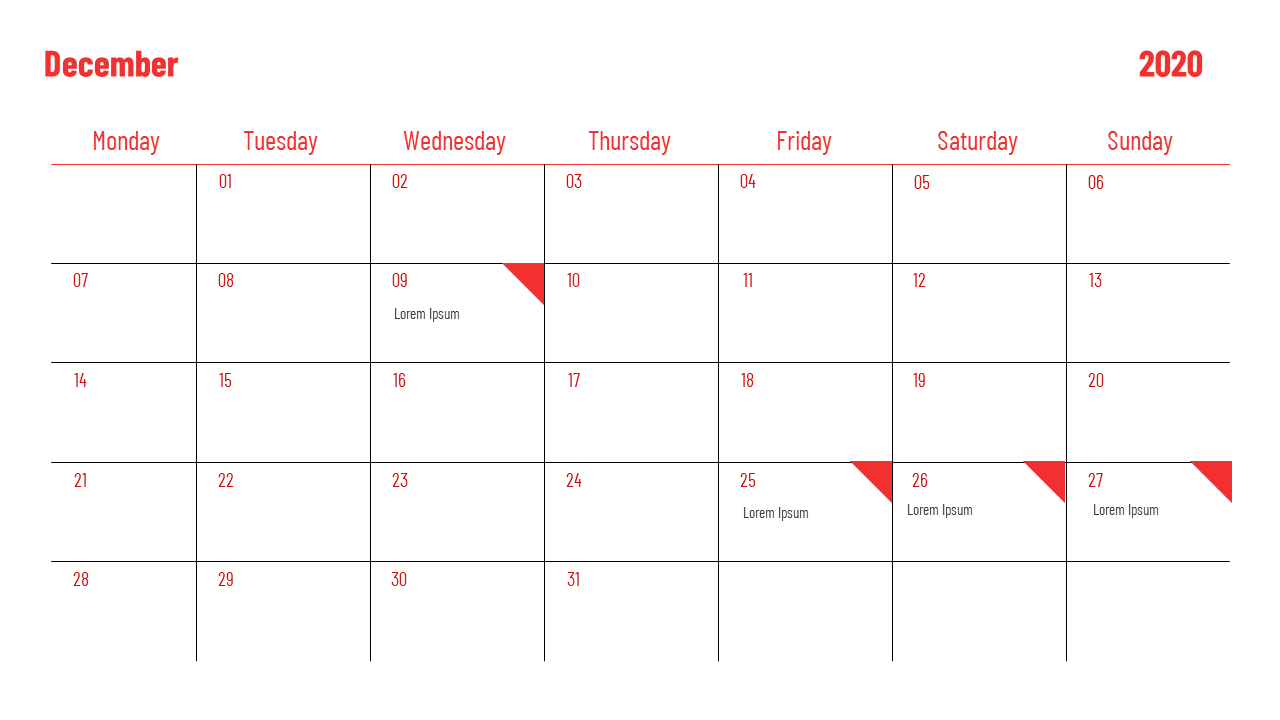 Calendar PPT template for December 2020, with red highlighted dates and text placeholders.