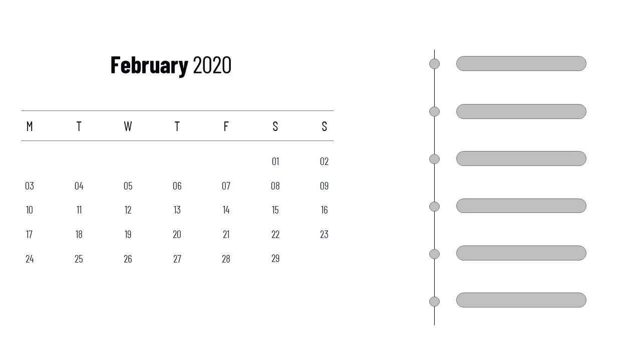 Minimalist February 2020 calendar next to a linear timeline design placed in a white backdrop.