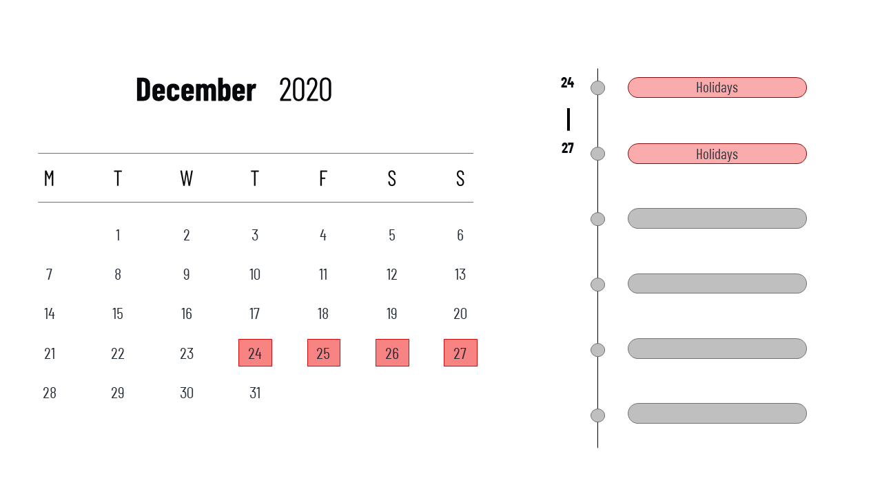 Calendar layout for December 2020 with key dates marked in red and a vertical line for holiday events.