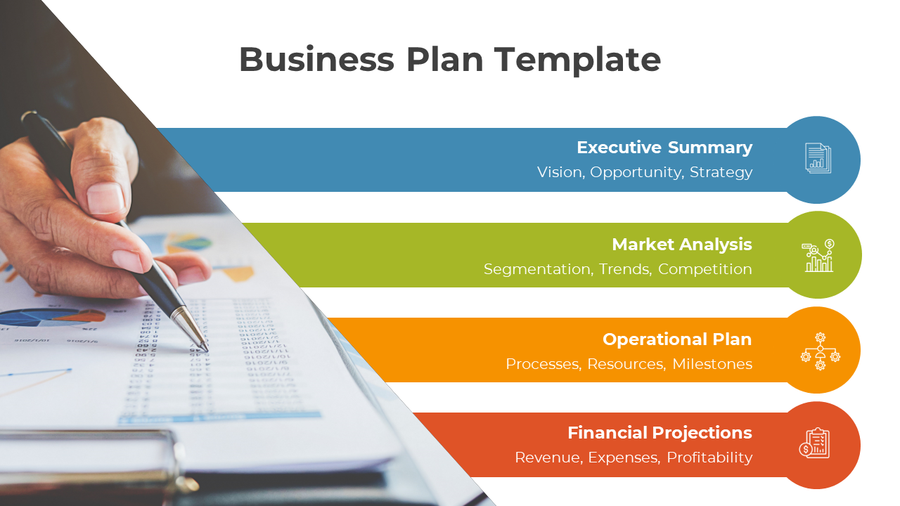 Slide with a blue, green, orange, and red bar containing icons and text, aligned next to a hand holding pen on a data chart.