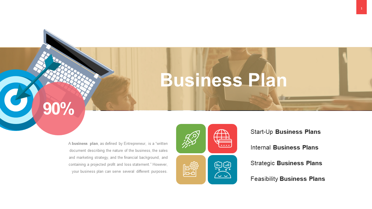 Business plan slide with a target symbol and percentage circle, featuring four colorful icons and a meeting scene.