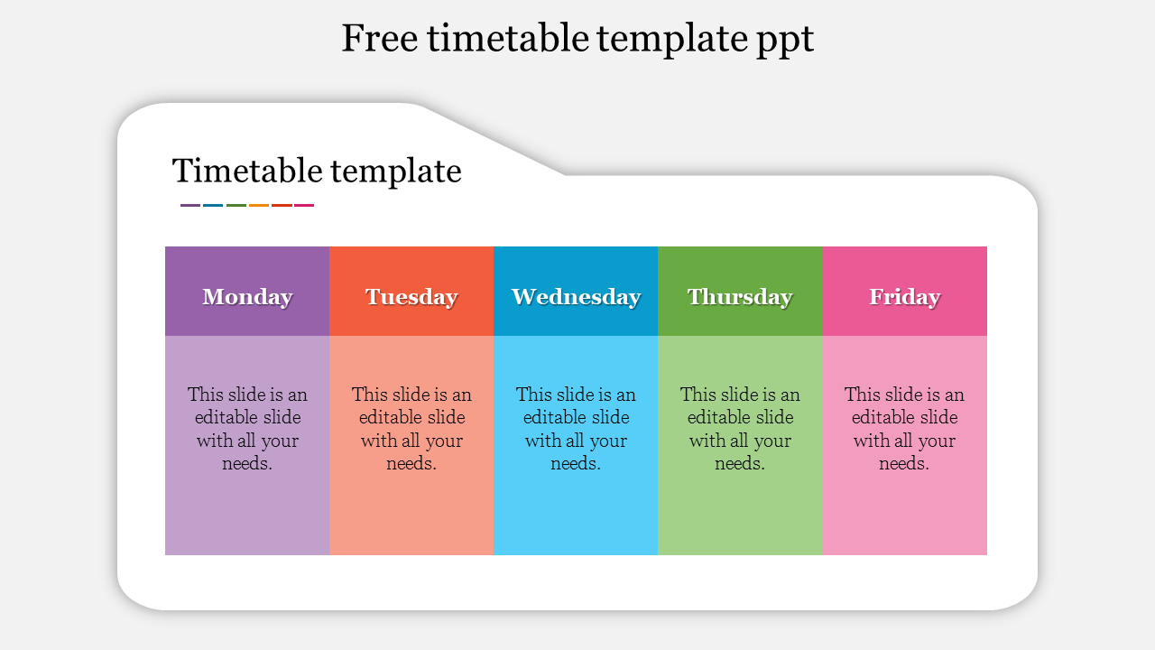 Colorful weekly timetable slide displaying sections for each weekday from Monday to Friday with placeholder text.