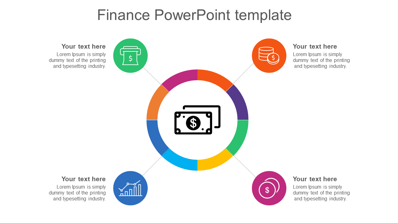 Finance PowerPoint template with colorful circles representing financial elements, including icons with placeholder text.