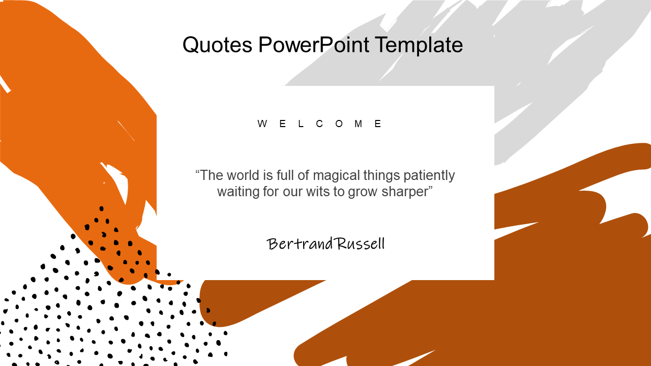 A Quotes PPT template, with a famous quote by Bertrand Russell in the center and modern graphic elements in the background.