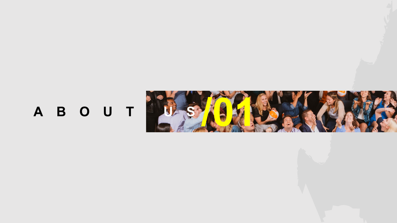 About us layout with a large yellow number 01 overlaid on an image of a diverse group of people.