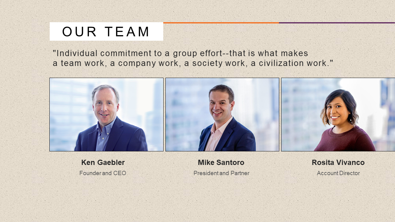 A team PPT slide displaying three professionals with their roles listed, accompanied by a motivational quote on teamwork.