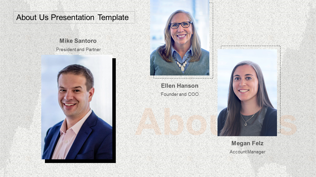 Team introduction slide with three professional headshots labeled with names and job titles on a textured background.