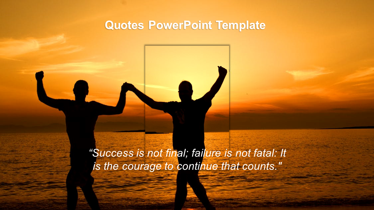 Silhouette of two people with raised arms at sunset, and a motivational quote overlay displayed at the bottom.