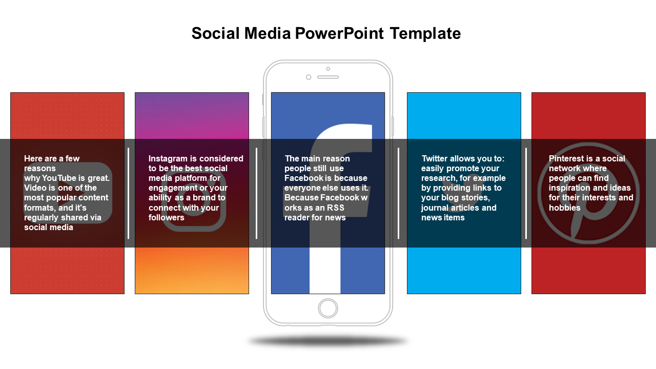 Social media design with colorful panels for popular platforms and a phone graphic with a smart phone illustration.