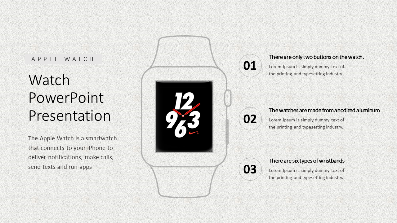 Watch illustration in the middle with a black display, and three numbered circular text points, against a gray background.