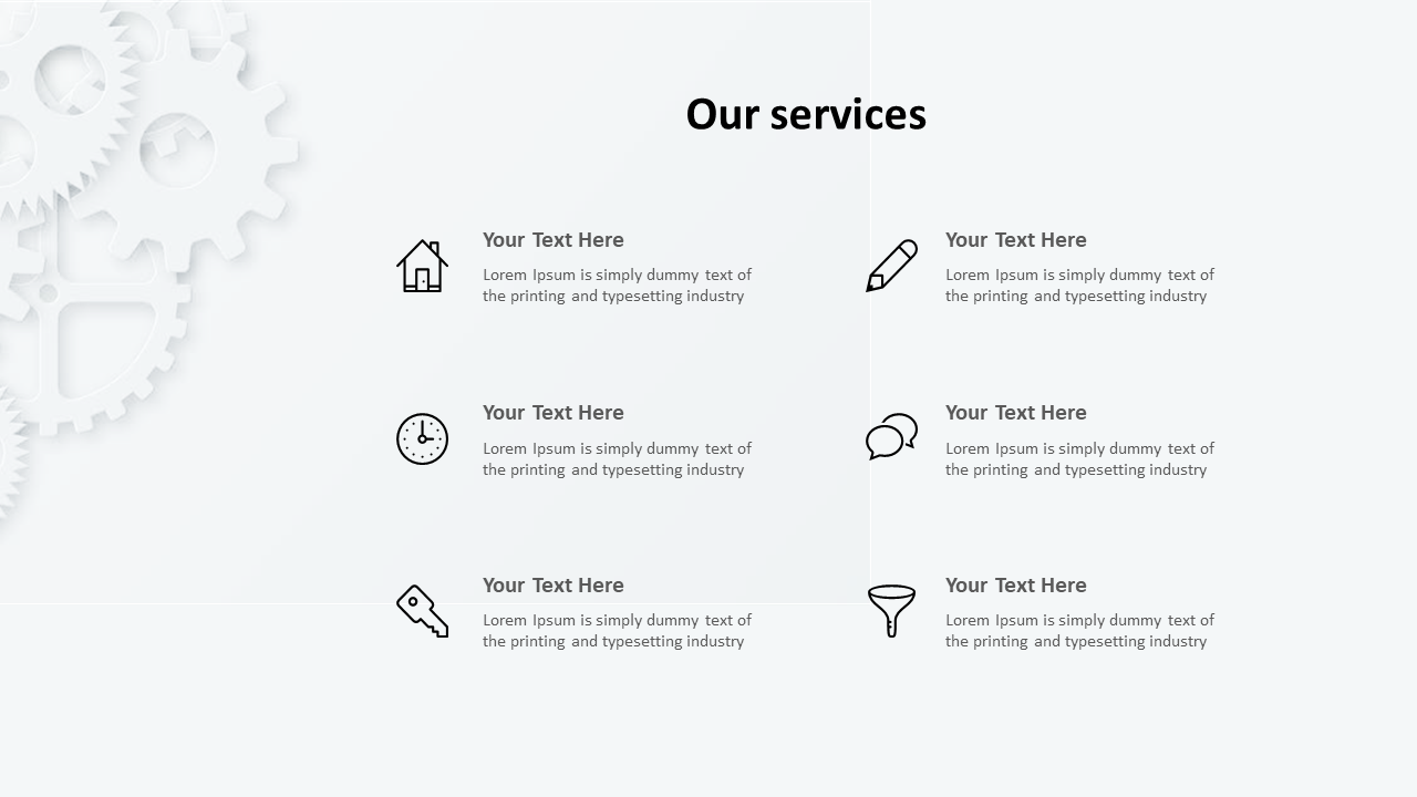 Slide displaying various services with corresponding icons for home, clock, pencil, chat, and key, with placeholder text.