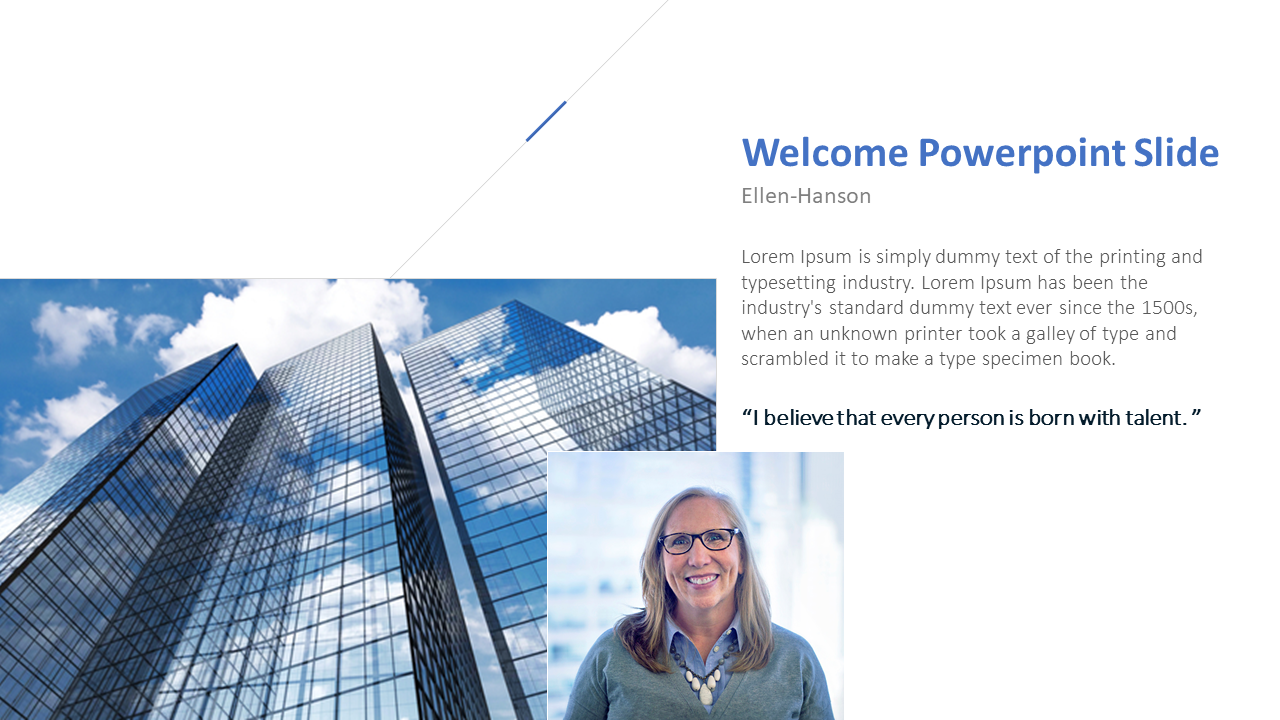 A welcome PowerPoint slide with a businesswoman's photo and a cityscape background.