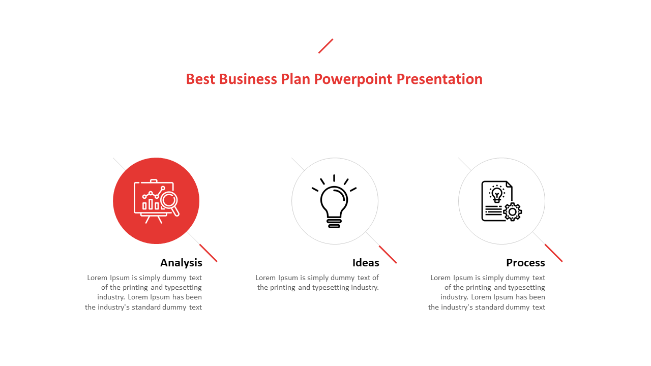 Business plan slide with three circular icons, one red and two white, illustrating analysis, ideas, and process steps.