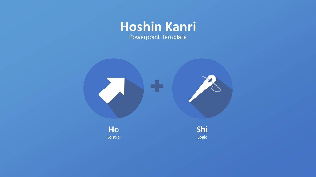 Hoshin Kanri template on a blue background, upward arrow Ho, needle shi.