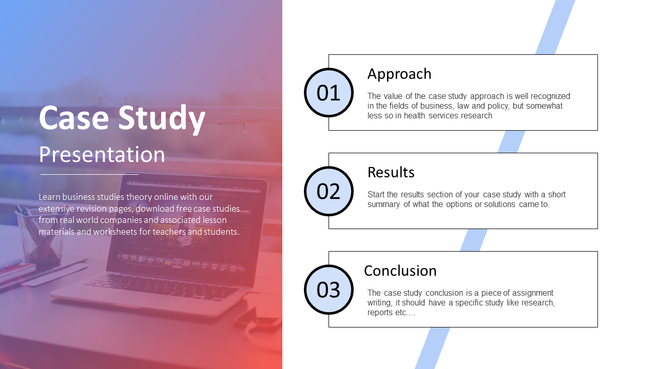 Case study slide with three key sections along with brief descriptions and a laptop image background.