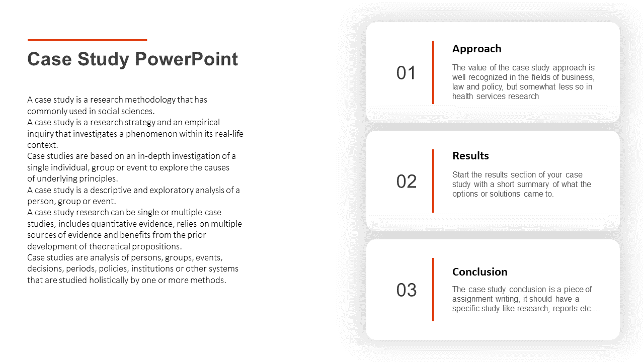 Case Study PPT slide with sections labeled Approach, Results, and Conclusion and corresponding descriptive text.