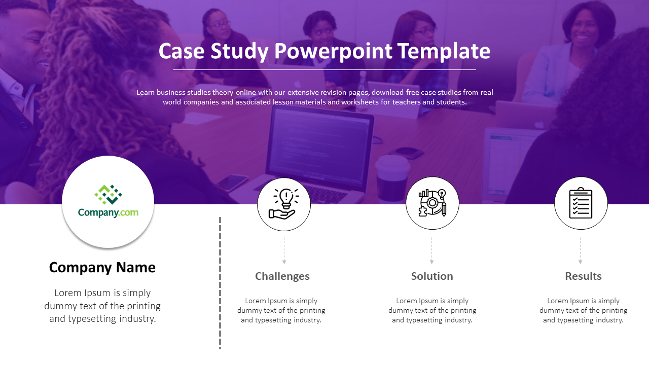 A slide for case study with icons and company logo in a circular frame and purple gradient over a business image background.