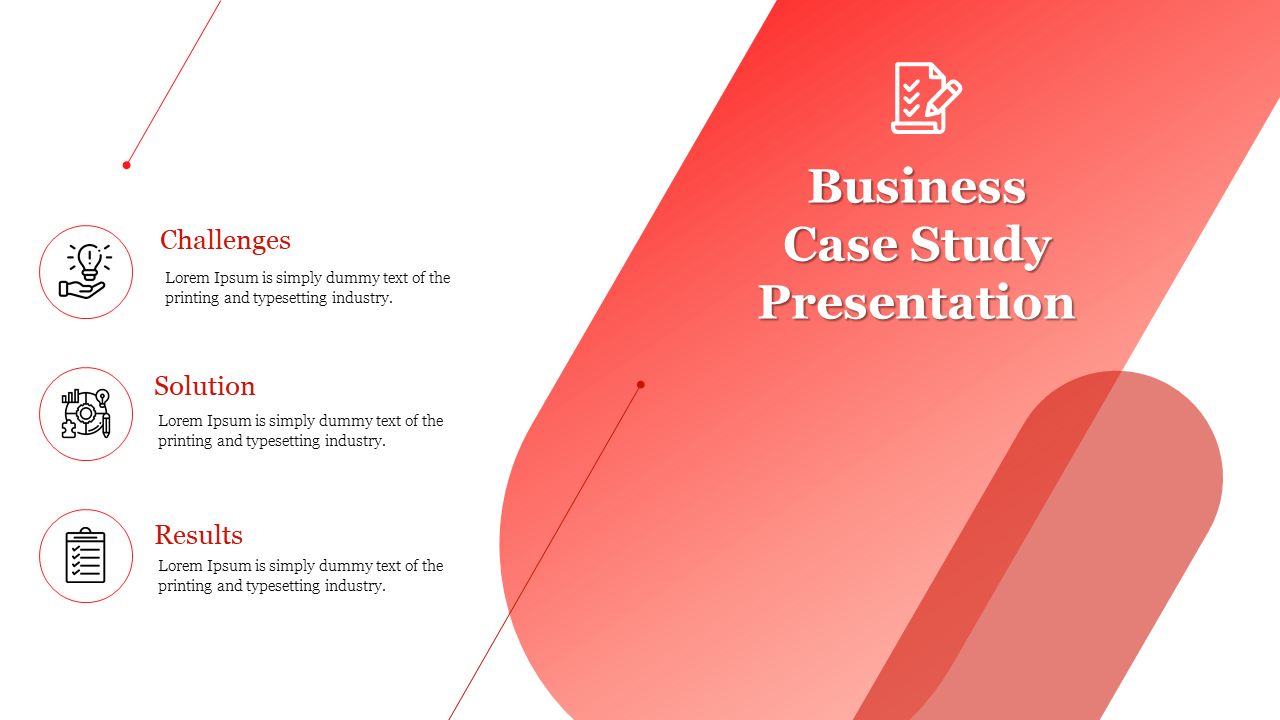 Business case study slide layout with headings for challenges, solutions, and results, designed with a gradient background.