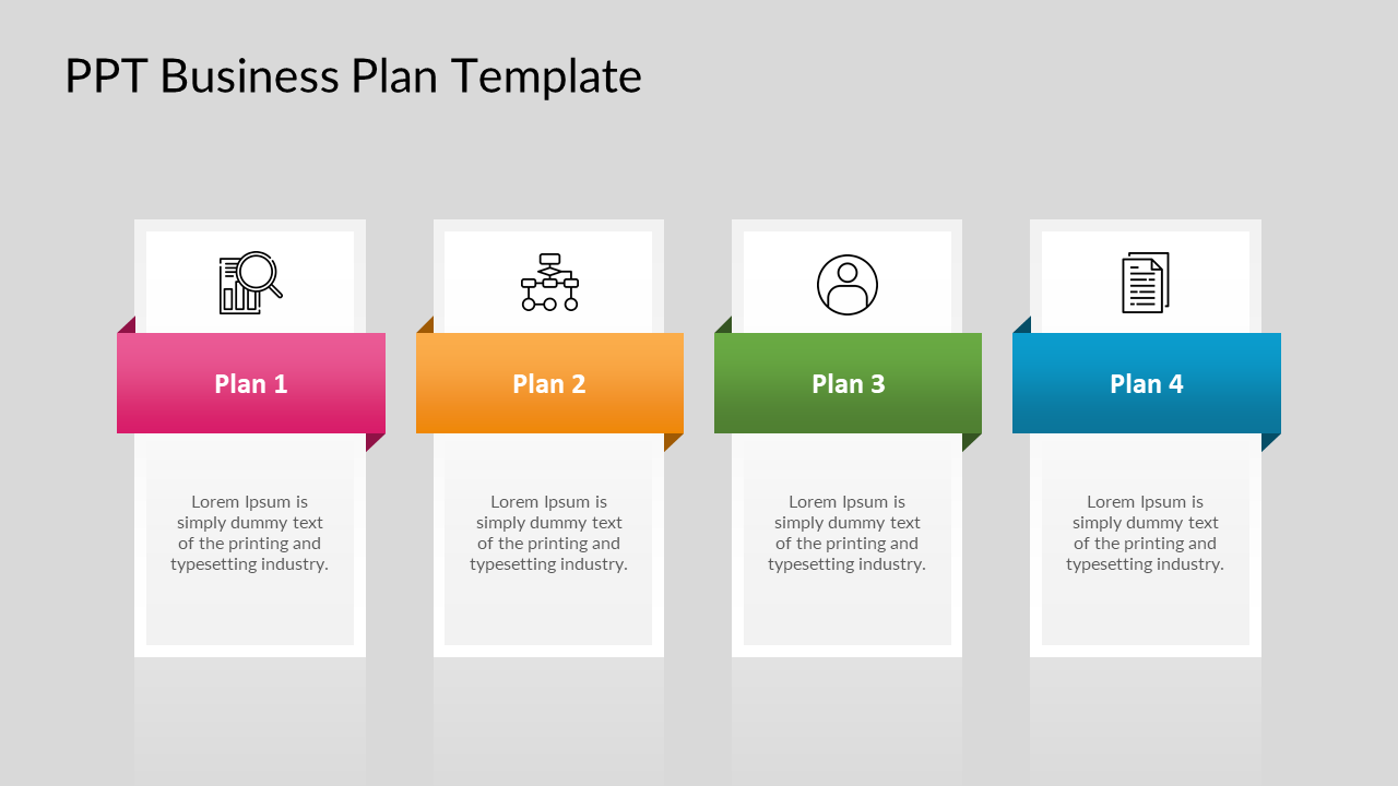 Business plan PPT template with four distinct plans featuring icons and text areas.