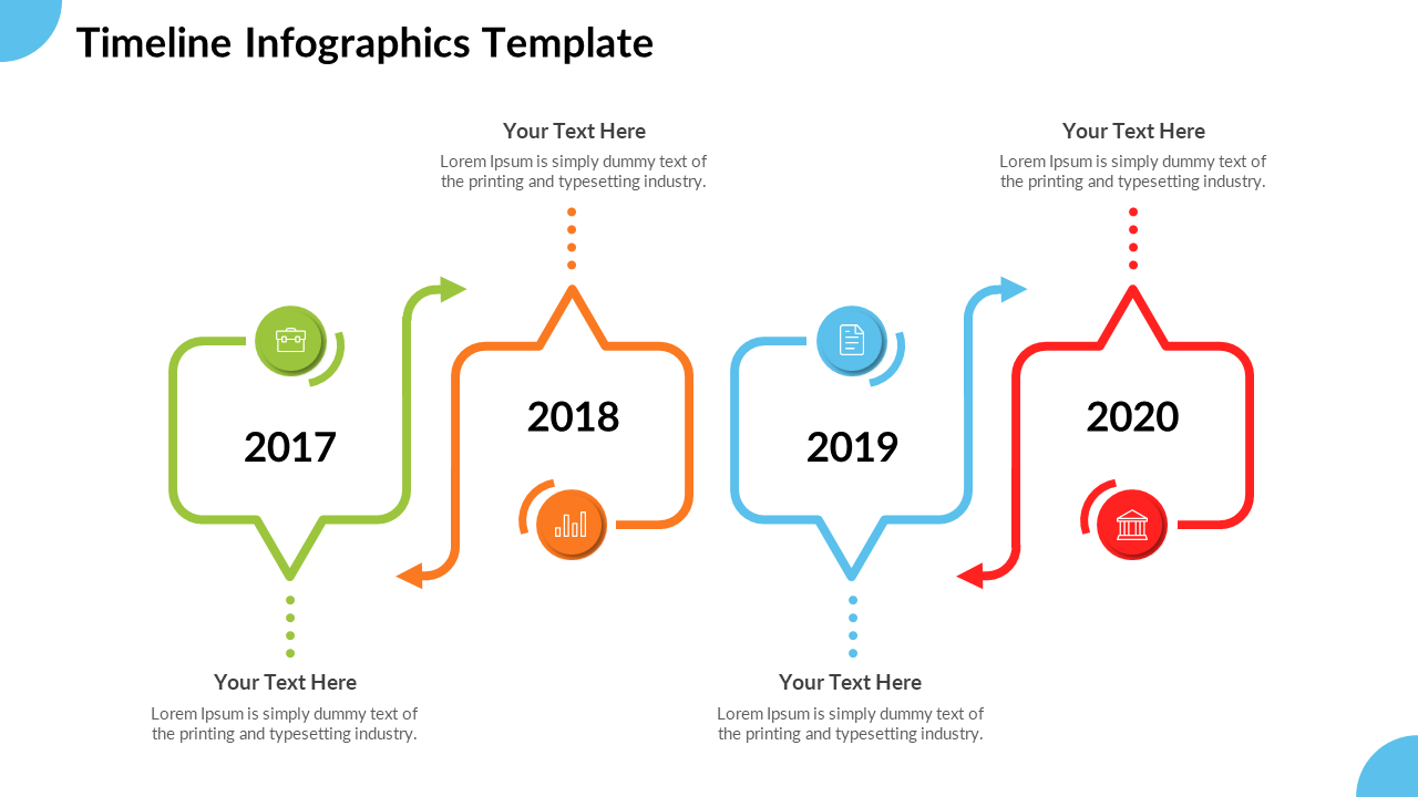 Timeline infographic template with four years and custom text sections for each year with color coded icons.