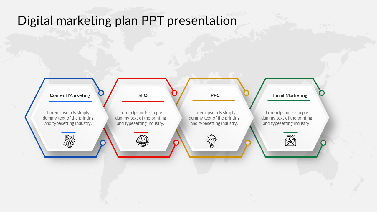 Slide showcasing a digital marketing plan with key components of Content Marketing, SEO, PPC, and Email Marketing with icons.