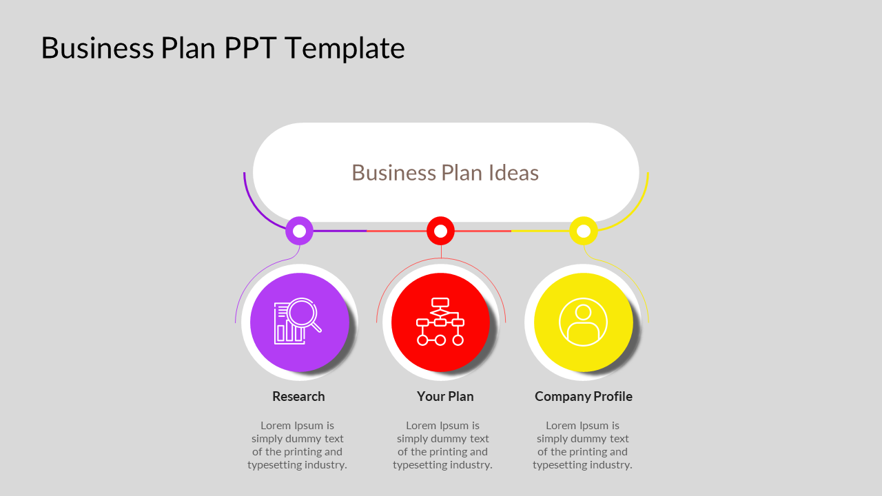 Business plan slide with three circular icons in purple, red, and yellow, connected to a central label on a gray background.