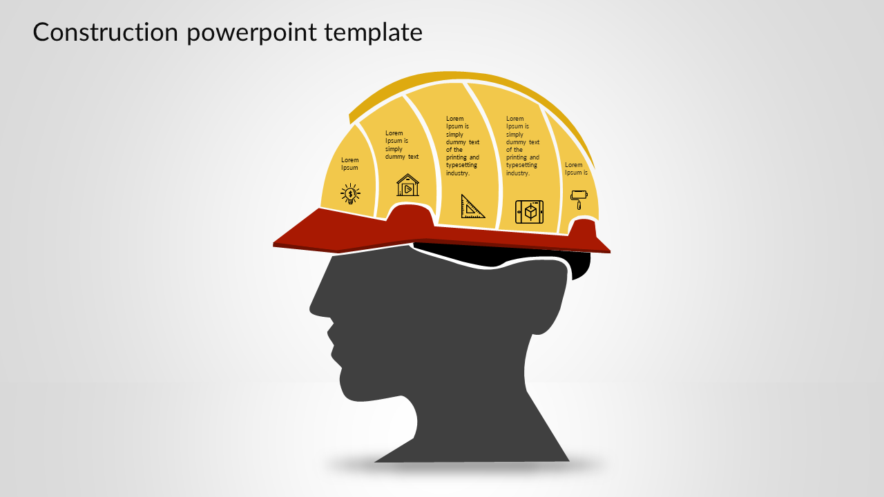 Slide with a profile silhouette wearing a construction helmet, segmented to display different icons and text areas.