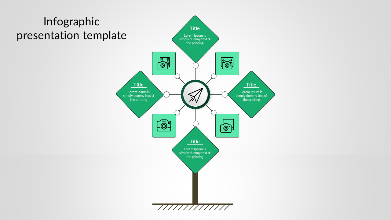 Infographic layout with circular center and diamond shaped elements connected by lines in green and white.