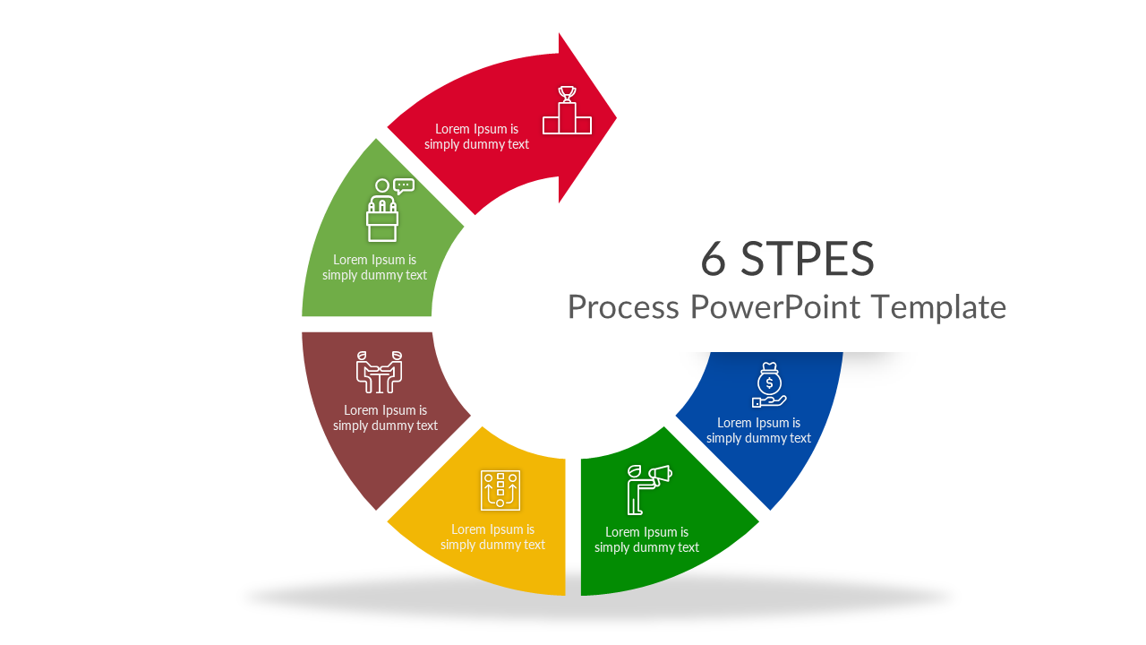 Six step process diagram PPT slide in a circular layout, with colorful icons representing each stage with placeholder text.