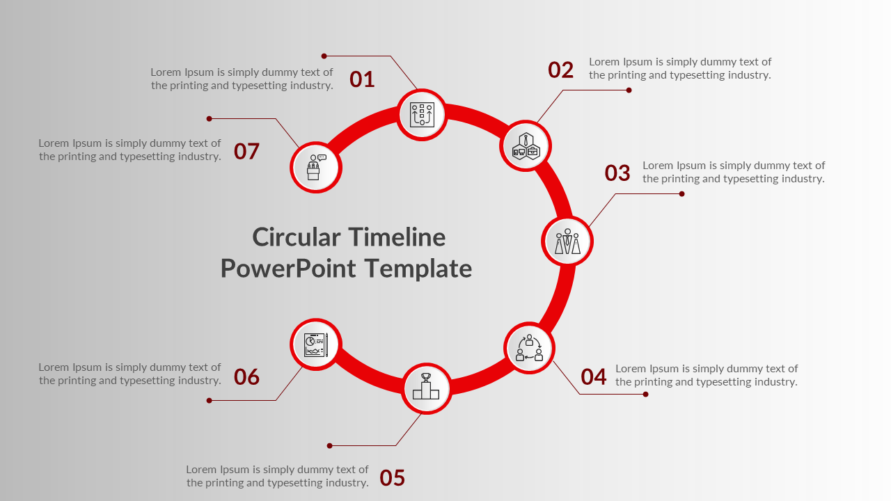 A circular diagram with seven points linked by a red line, each node connected to icons and placeholder text.