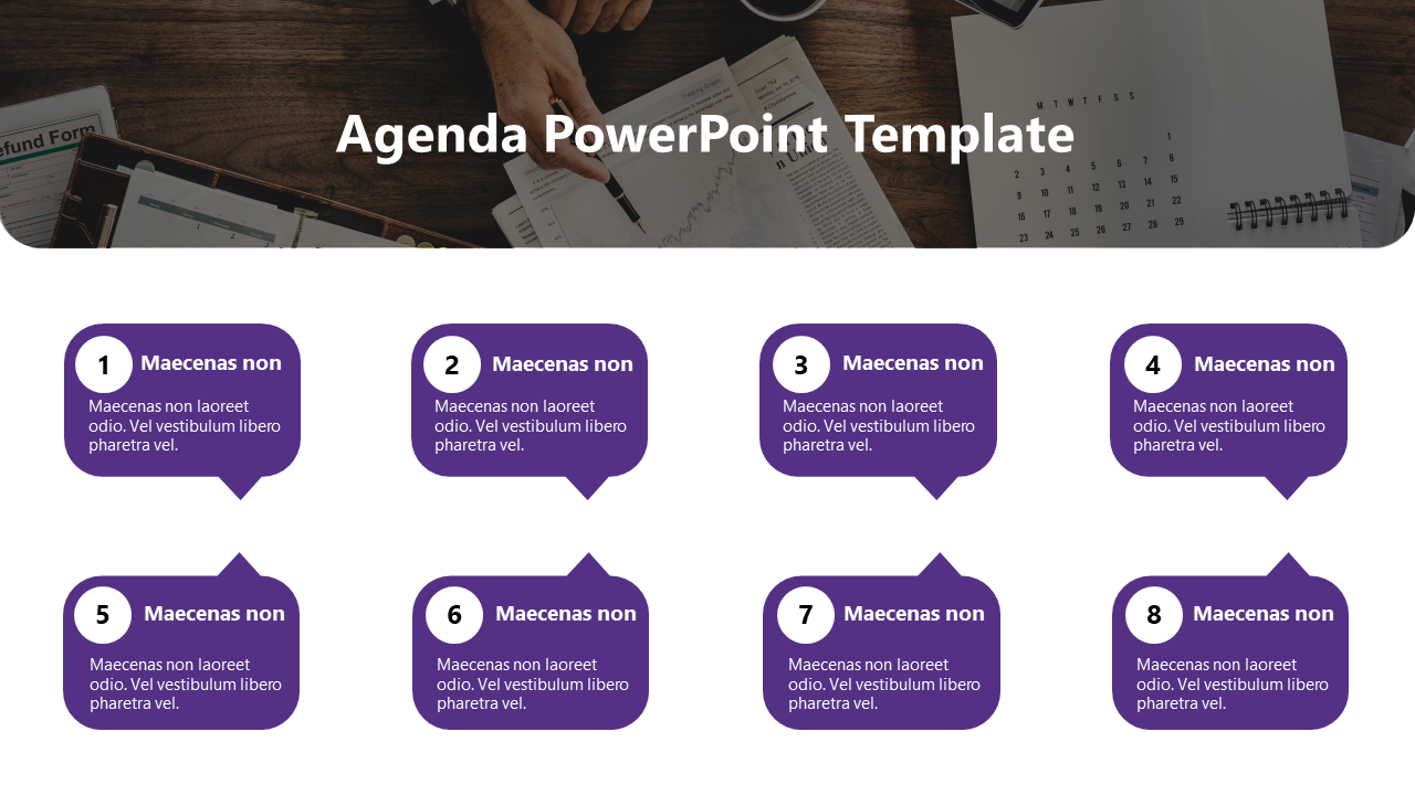 Agenda template with eight numbered agenda boxes in purple, each with a placeholder text areas.